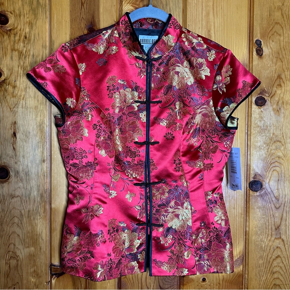Robbie Bee Red and Gold Floral Asian style Blouse